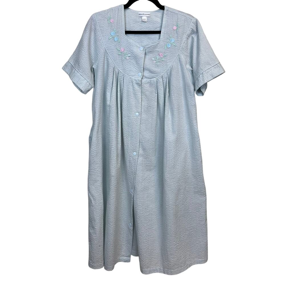 Miss Elaine Mint Green Seersucker Housecoat Est Large Snap Button Embroidered